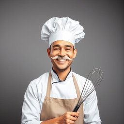 A cheerful chef wearing a classic white chef's hat and an apron, featuring a big white smile and prominent mustache