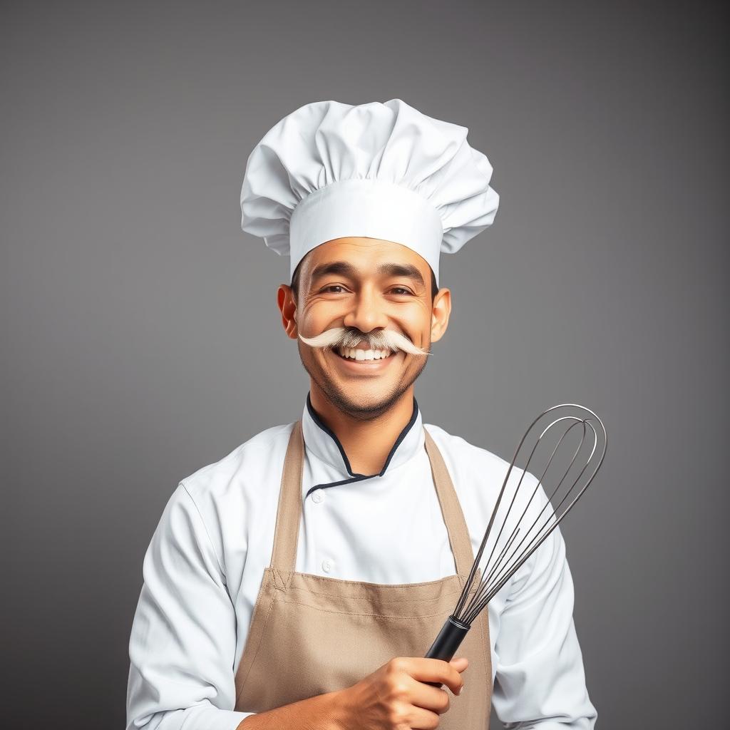 A cheerful chef wearing a classic white chef's hat and an apron, featuring a big white smile and prominent mustache