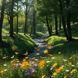 A serene outdoor scene depicting a peaceful forest with a gentle stream flowing through it