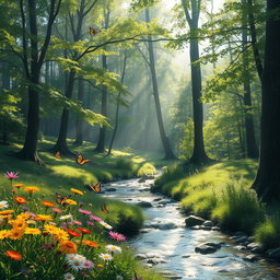 A serene outdoor scene depicting a peaceful forest with a gentle stream flowing through it