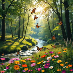 A serene outdoor scene depicting a peaceful forest with a gentle stream flowing through it