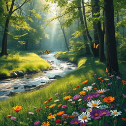 A serene outdoor scene depicting a peaceful forest with a gentle stream flowing through it