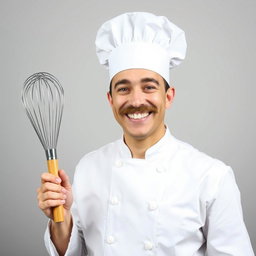 A cheerful chef wearing a traditional white chef's hat and a big mustache, showcasing bright white teeth in a wide smile