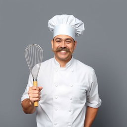 A cheerful chef wearing a traditional white chef's hat and a big mustache, showcasing bright white teeth in a wide smile