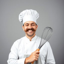 A cheerful chef wearing a traditional white chef's hat and a big mustache, showcasing bright white teeth in a wide smile