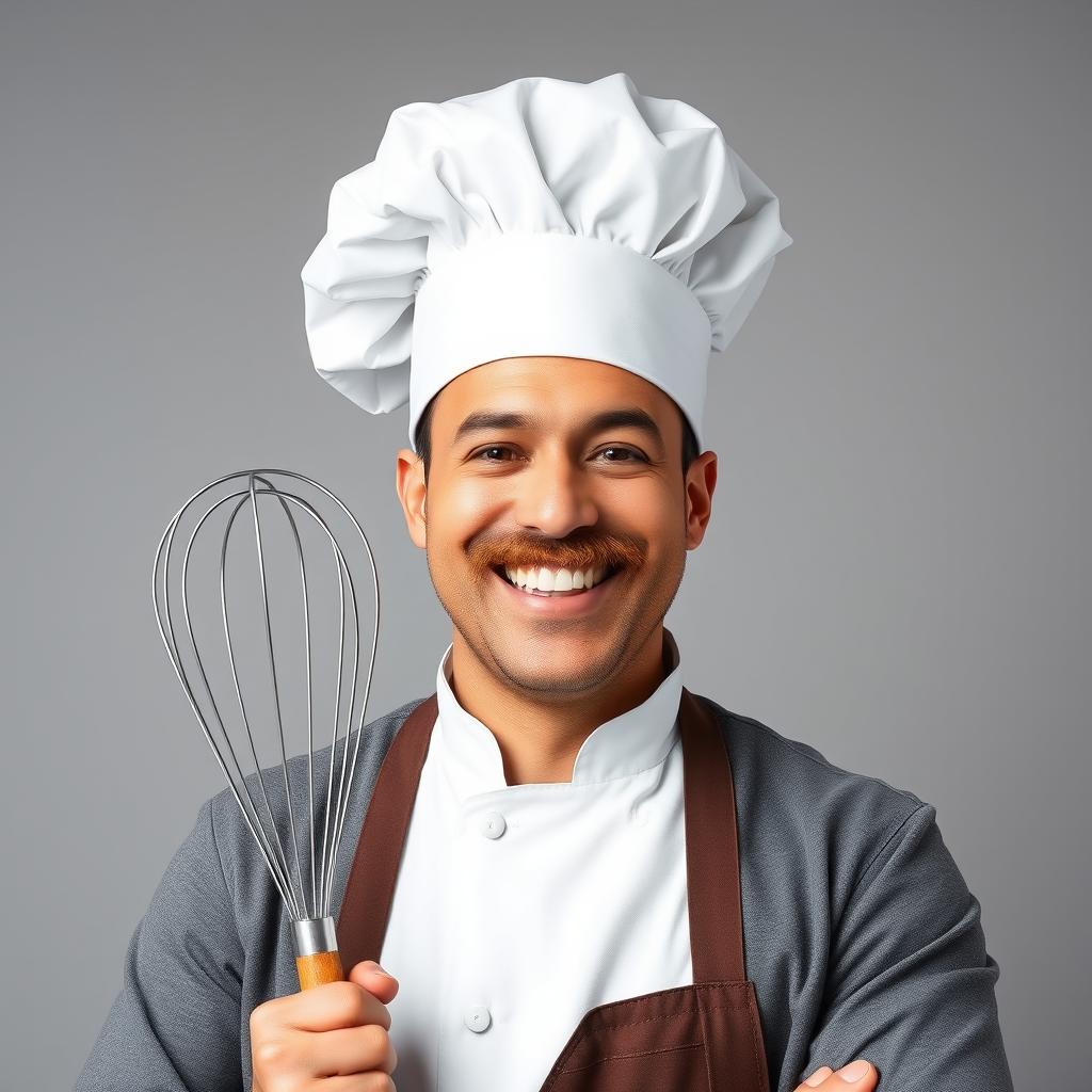 A cheerful chef wearing a traditional white chef's hat and a big mustache, showcasing bright white teeth in a wide smile