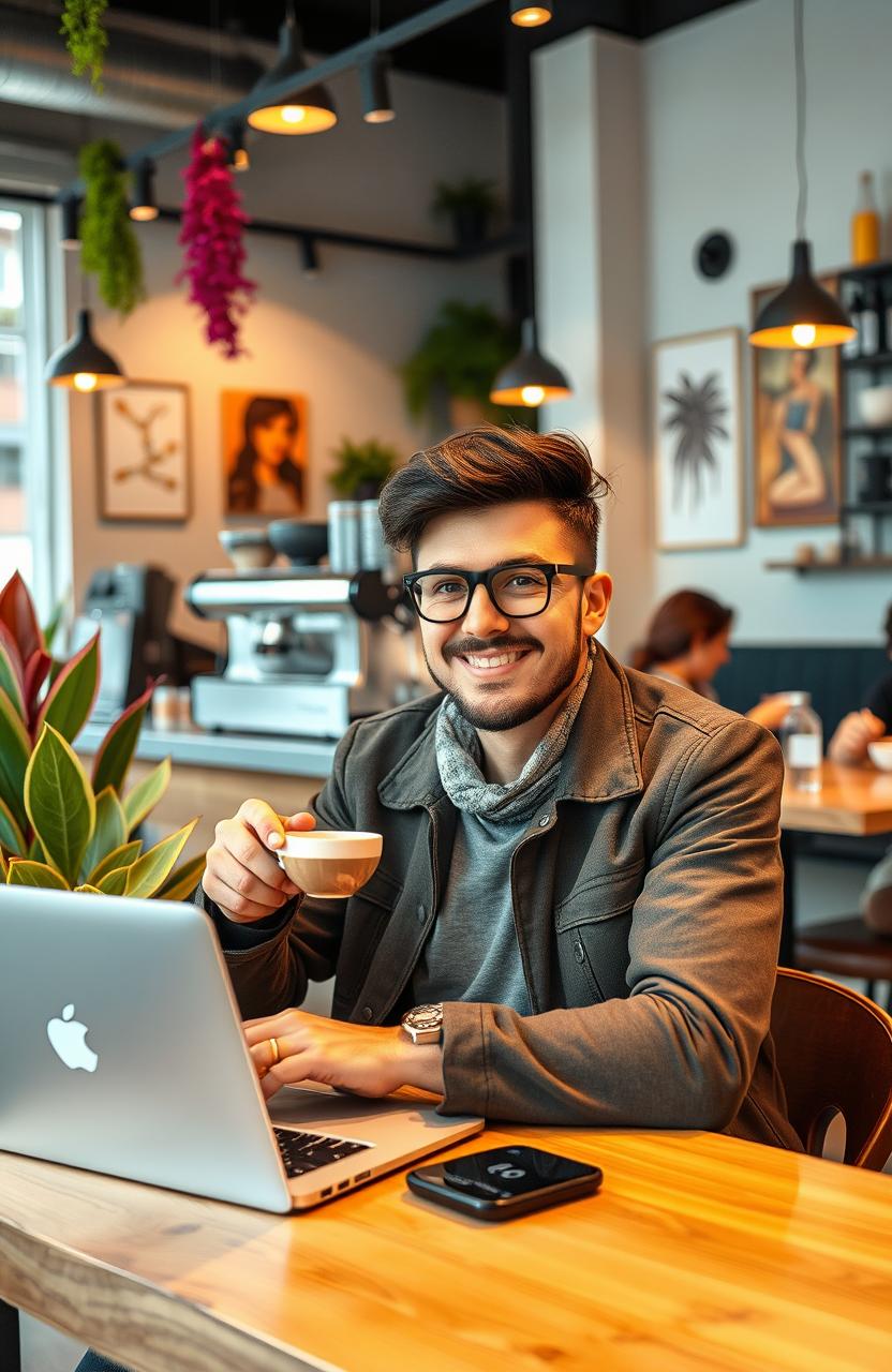 A charismatic and stylish customer in a modern coffee shop, sitting at a wooden table with a laptop open