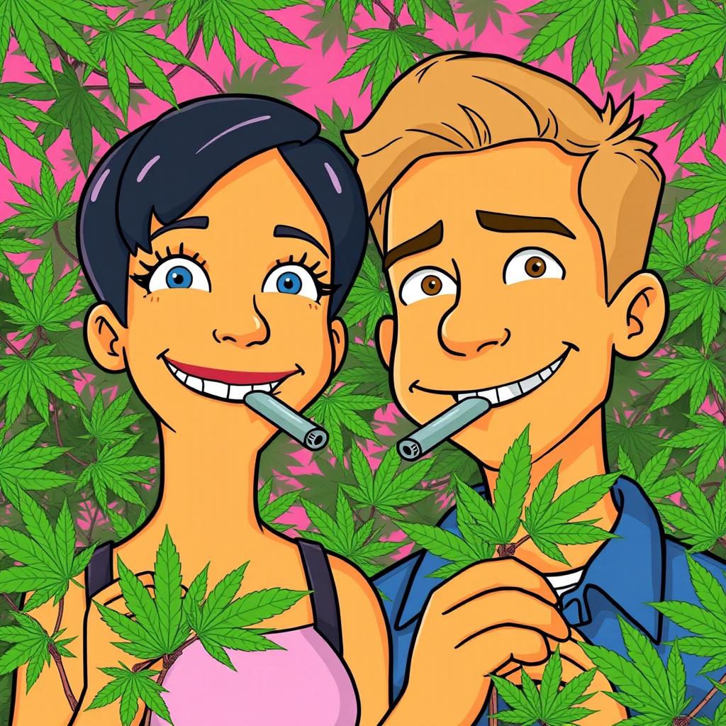 A young couple depicted in a classic Simpsons-style cartoon, both smiling widely while holding perfectly crafted joints in their mouths, embodying a cool and relaxed vibe