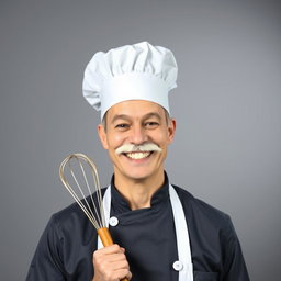 A cheerful chef wearing a traditional white chef's hat and sporting a white mustache, showcasing bright white teeth in a wide smile