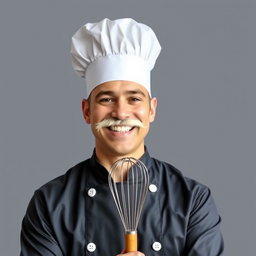 A cheerful chef wearing a traditional white chef's hat and sporting a white mustache, showcasing bright white teeth in a wide smile