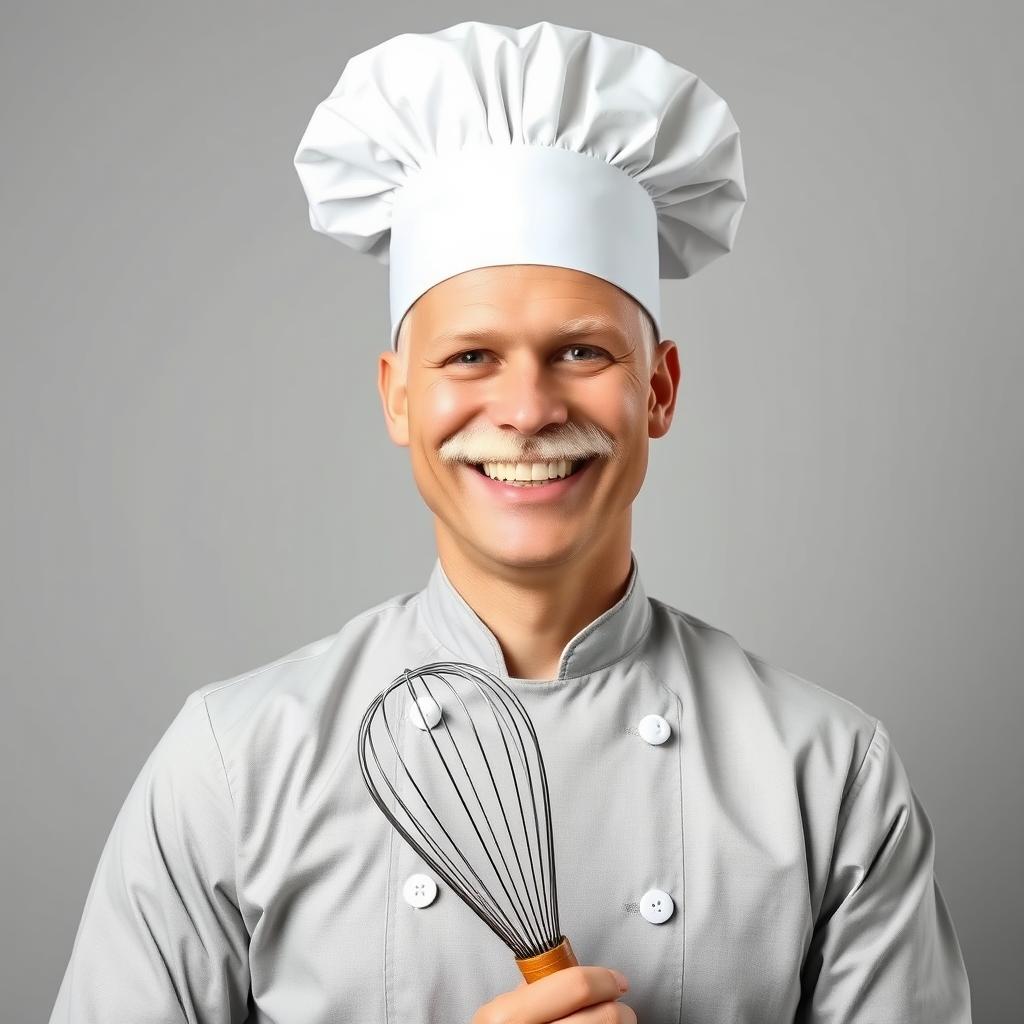 A cheerful chef wearing a traditional white chef's hat and sporting a white mustache, showcasing bright white teeth in a wide smile