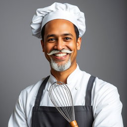 A cheerful chef wearing a traditional white chef's hat and sporting a white mustache, showcasing bright white teeth in a wide smile