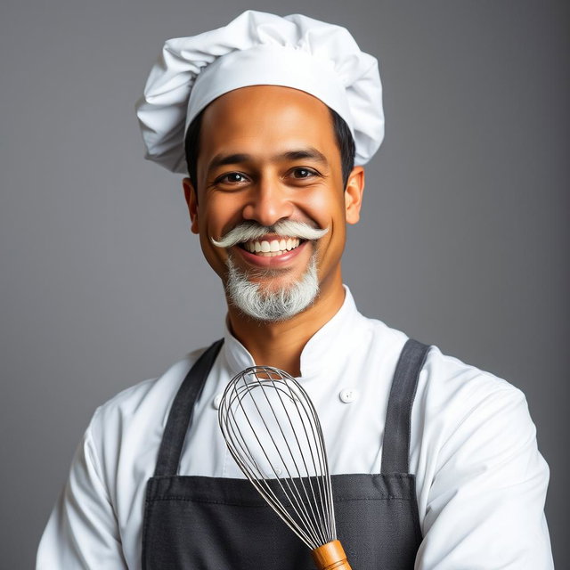 A cheerful chef wearing a traditional white chef's hat and sporting a white mustache, showcasing bright white teeth in a wide smile