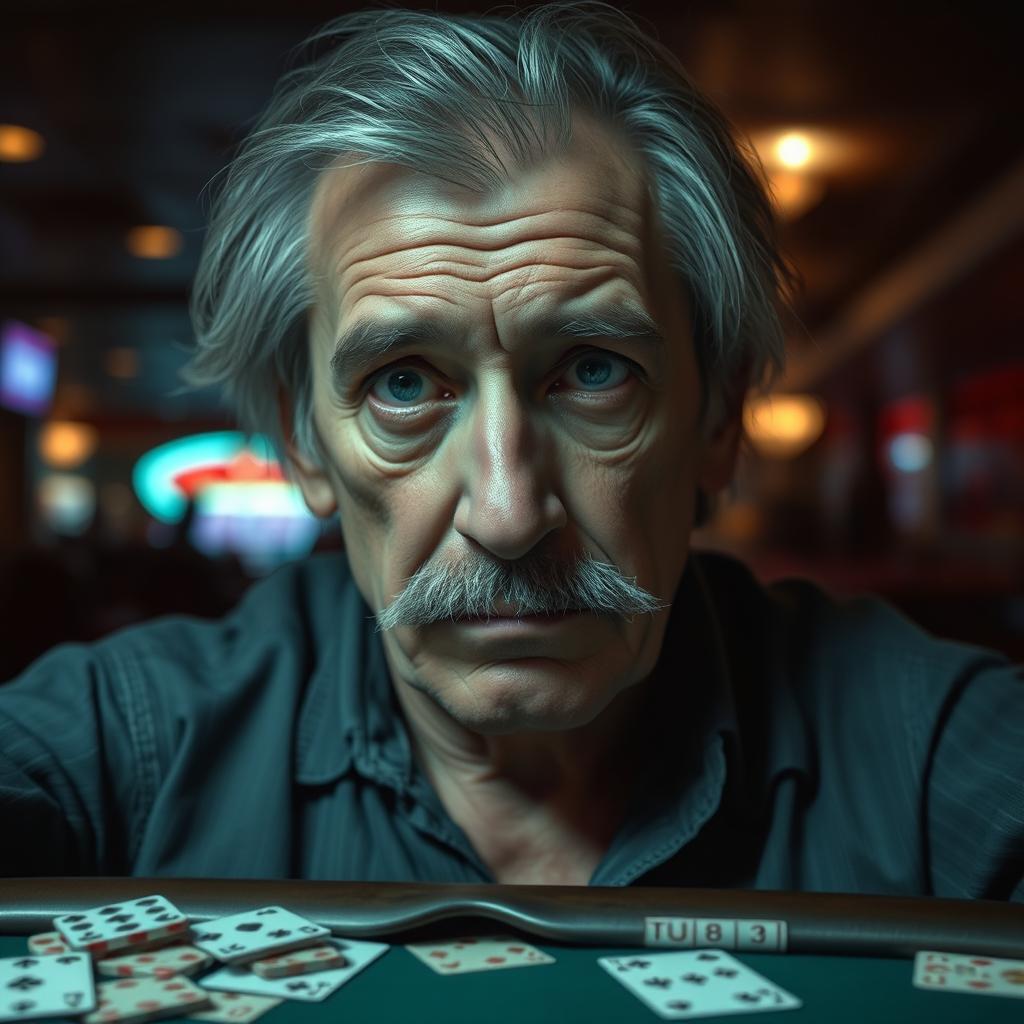 A melancholic man sitting in a provincial casino, with a weary expression and gray hair