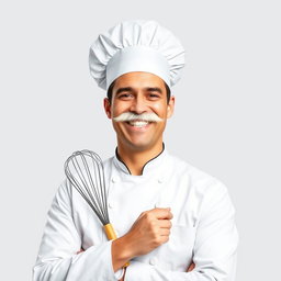 A joyful chef wearing a classic white chef's hat, with a fluffy white mustache and gleaming white teeth in a broad smile