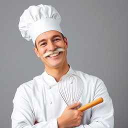 A joyful chef wearing a classic white chef's hat, with a fluffy white mustache and gleaming white teeth in a broad smile