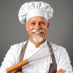 A joyful chef wearing a classic white chef's hat, with a fluffy white mustache and gleaming white teeth in a broad smile