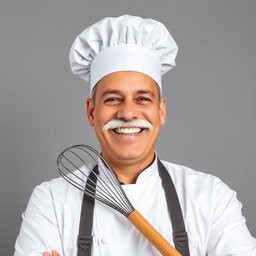 A joyful chef wearing a classic white chef's hat, with a fluffy white mustache and gleaming white teeth in a broad smile