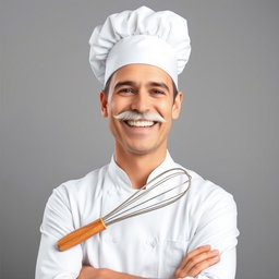 A happy chef wearing a classic white chef's hat, with a fluffy white mustache and bright white teeth in a cheerful smile