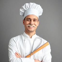 A happy chef wearing a classic white chef's hat, with a fluffy white mustache and bright white teeth in a cheerful smile
