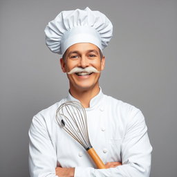 A happy chef wearing a classic white chef's hat, with a fluffy white mustache and bright white teeth in a cheerful smile