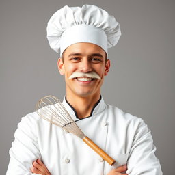 A happy chef wearing a classic white chef's hat, with a fluffy white mustache and bright white teeth in a cheerful smile