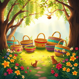 An enchanting illustration for the Mexican tale "Canastitas en Serie" from the book "Canasta de Cuentos Mexicanos"