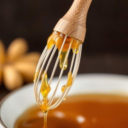 A close-up image of a wooden-handled whisk dripping with golden honey