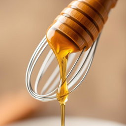 A close-up image of a wooden-handled whisk dripping with golden honey
