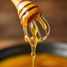 A close-up image of a wooden-handled whisk dripping with golden honey
