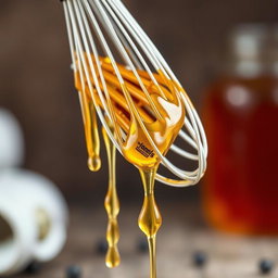 A close-up image of a wooden-handled whisk dripping with golden honey