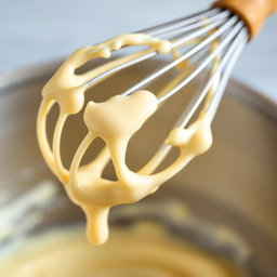 A close-up image of a wooden-handled whisk dripping with creamy batter