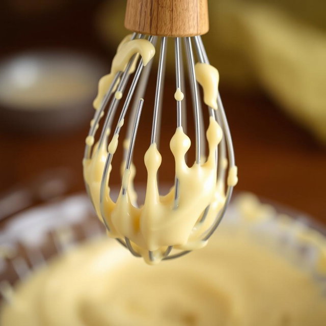 A close-up image of a wooden-handled whisk dripping with creamy batter