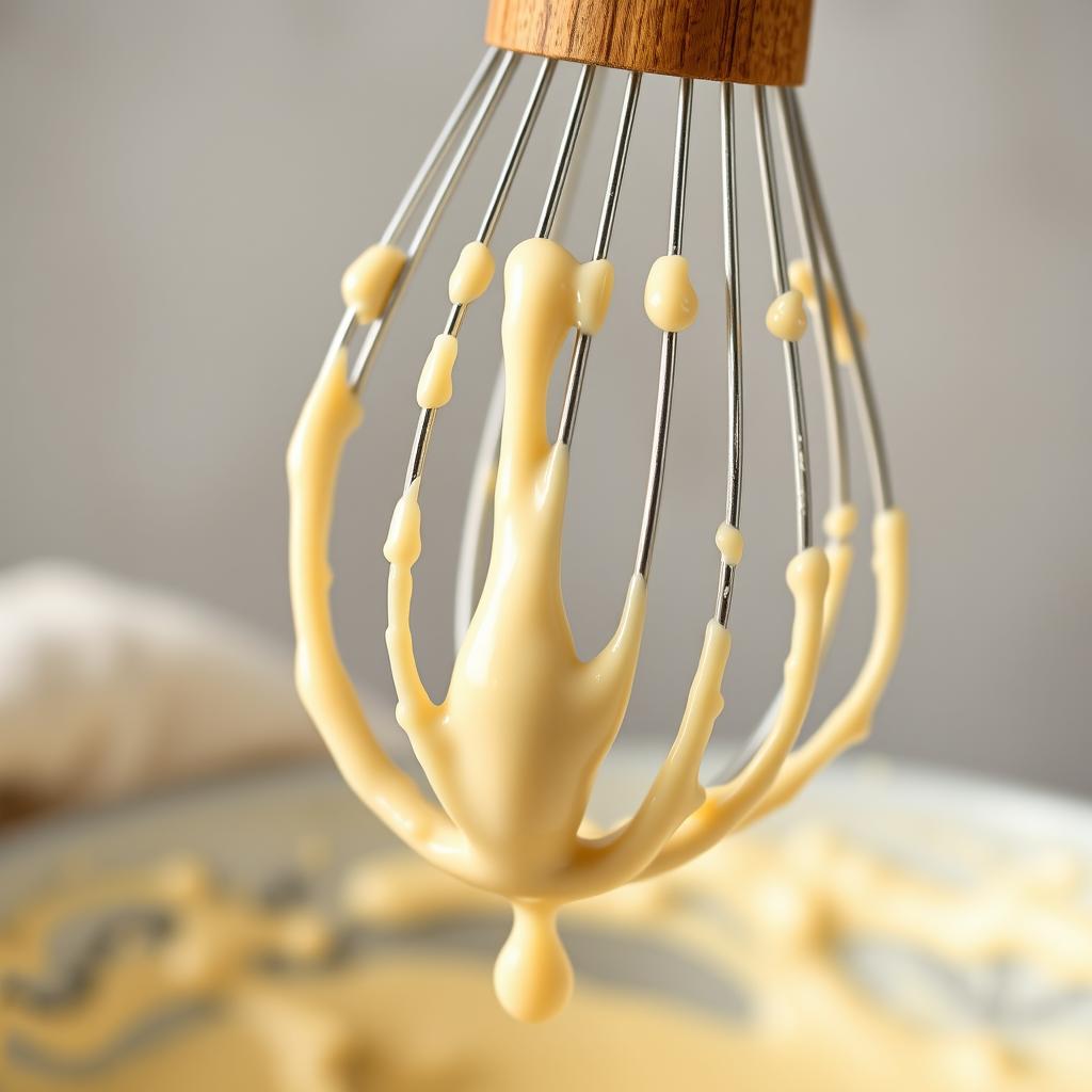 A close-up image of a wooden-handled whisk dripping with creamy batter