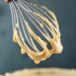 A close-up image of a wooden-handled whisk dripping with creamy batter