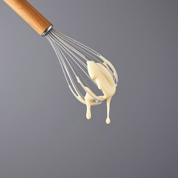 A complete image of a wooden-handled whisk dripping with creamy batter, perfectly centered in the frame