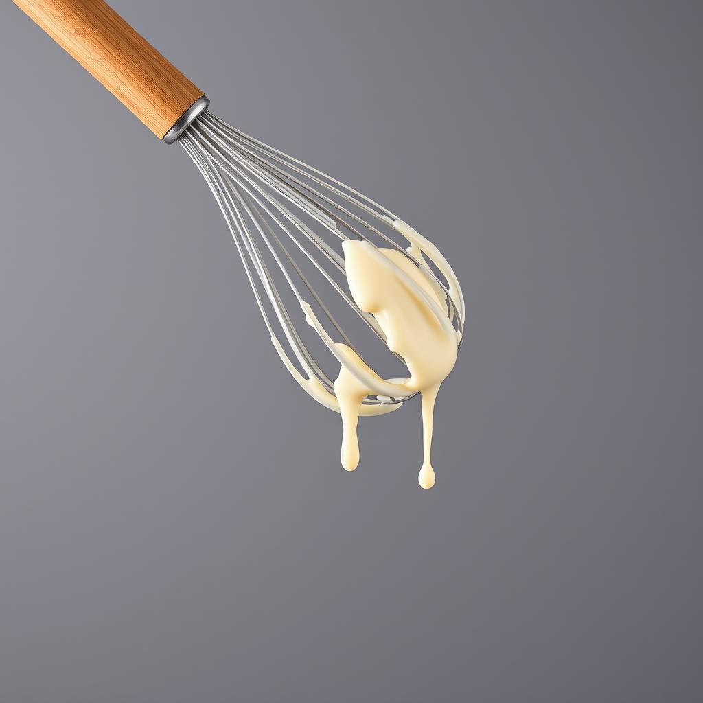 A complete image of a wooden-handled whisk dripping with creamy batter, perfectly centered in the frame