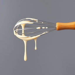 A complete image of a wooden-handled whisk dripping with creamy batter, perfectly centered in the frame