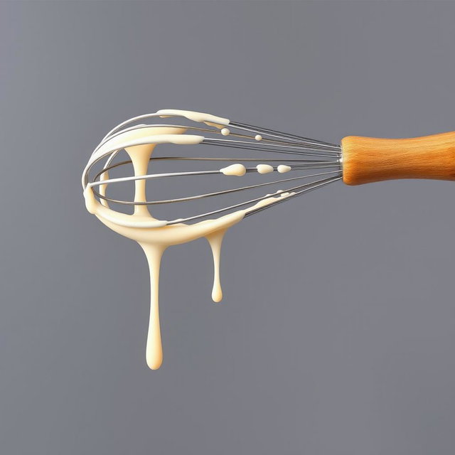 A complete image of a wooden-handled whisk dripping with creamy batter, perfectly centered in the frame