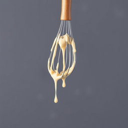 A complete image of a wooden-handled whisk dripping with creamy batter, perfectly centered in the frame