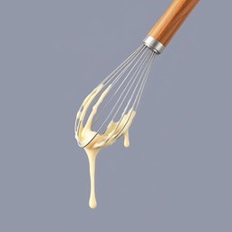 A complete image of a wooden-handled whisk dripping with creamy batter, perfectly centered in the frame