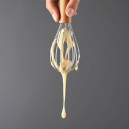 A complete image of a wooden-handled whisk held in a hand, dripping with creamy batter