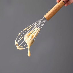A complete image of a wooden-handled whisk held in a hand, dripping with creamy batter