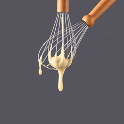 A complete image of a wooden-handled whisk held in a hand, dripping with creamy batter