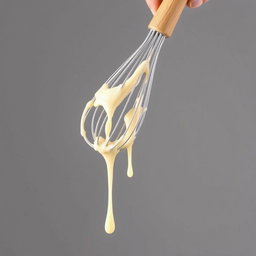 A complete image of a wooden-handled whisk held in a hand, dripping with creamy batter