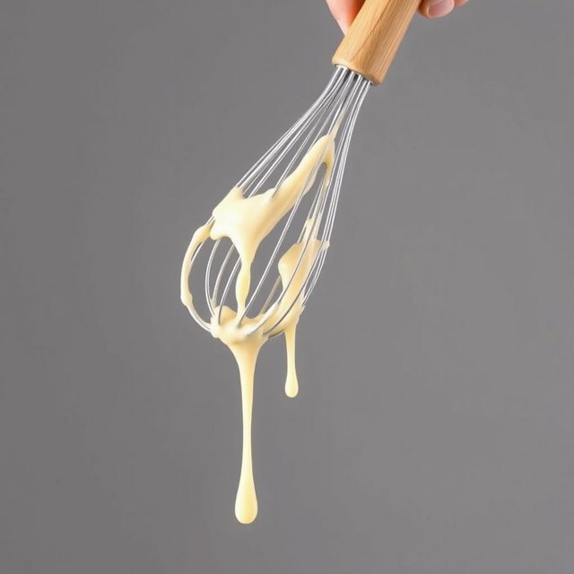 A complete image of a wooden-handled whisk held in a hand, dripping with creamy batter