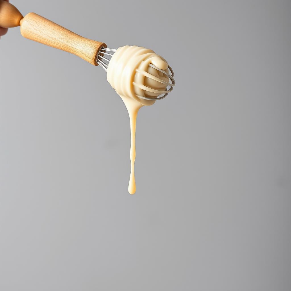A complete image of a wooden-handled whisk held in a hand, with thick droplets of creamy batter dripping from it
