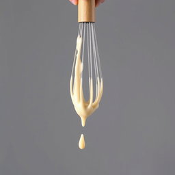 A complete image of a wooden-handled whisk held in a hand, with thick droplets of creamy batter dripping from it