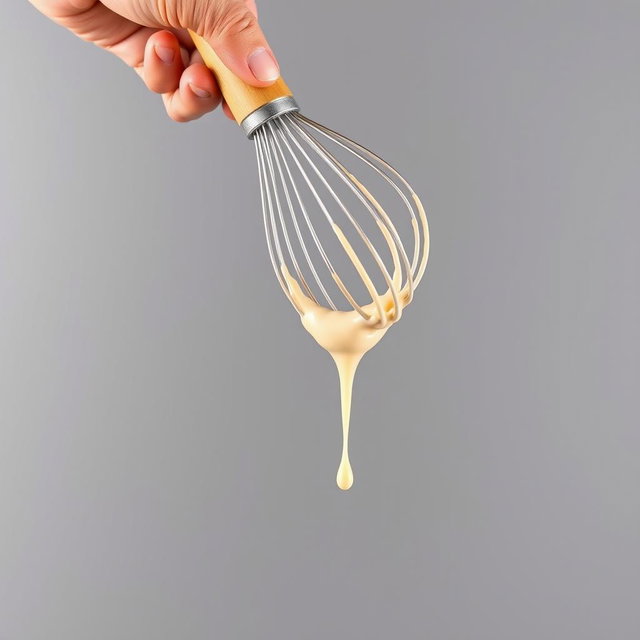 A complete image of a wooden-handled whisk held in a hand, with thick droplets of creamy batter dripping from it