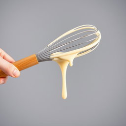 A complete image of a wooden-handled whisk held in a hand, with thick droplets of creamy batter dripping from it